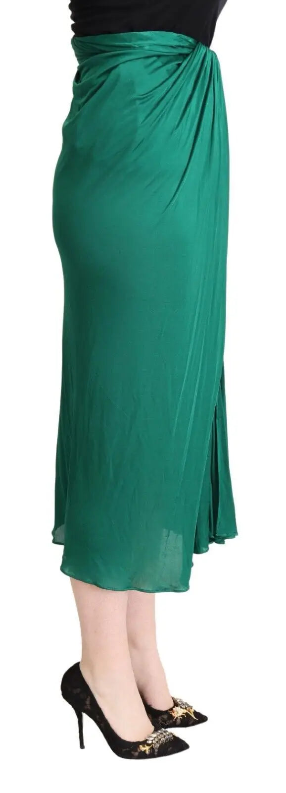 Jupe midi crayon plissée haute taille en satin vert émeraude par dolce & gabbana avec devant drapé et fente latérale