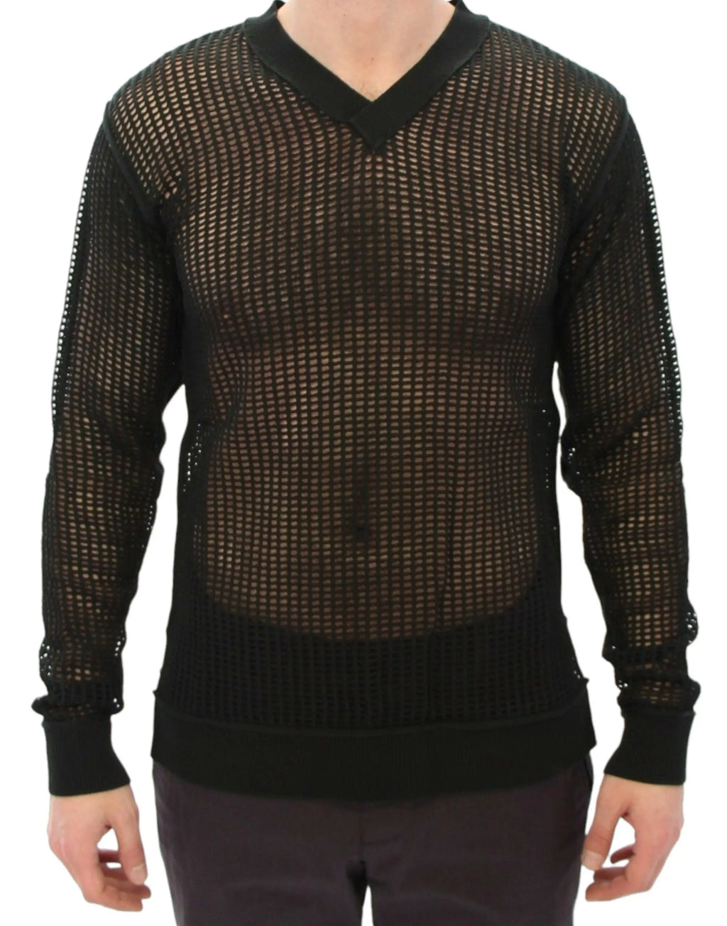 Dolce gabbana pull filet vert foncé en maille noire avec col en v et ourlets côtelés solides