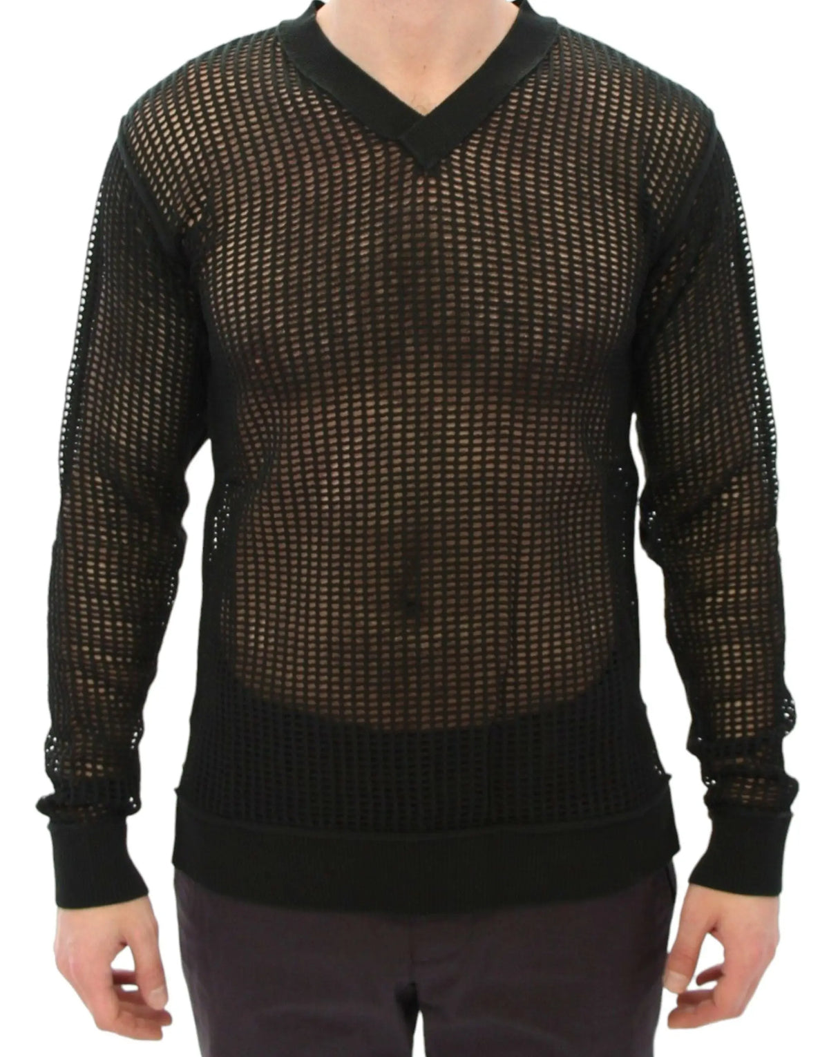 Dolce gabbana pull filet vert foncé en maille noire avec col en v et ourlets côtelés solides
