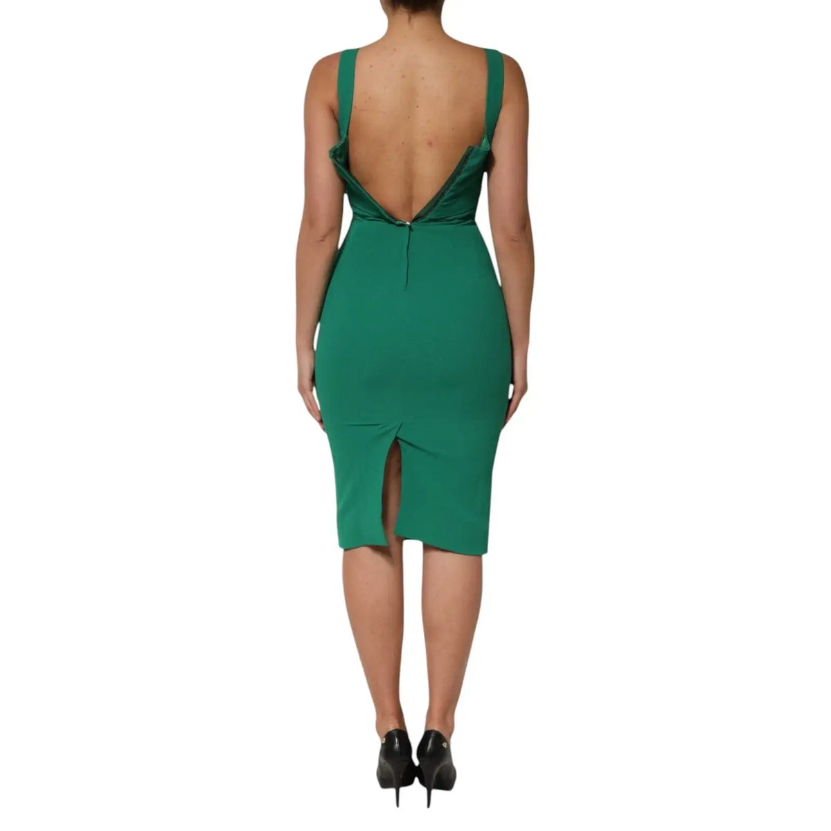 Robe moulante sans manches en rayonne vert émeraude de dolce gabana vue de dos avec dos plongeant et fente latérale