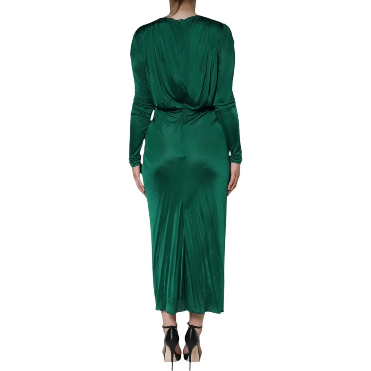 Robe midi en satin vert émeraude élégante à manches longues et taille cintrée de dolce & gabbana en viscose