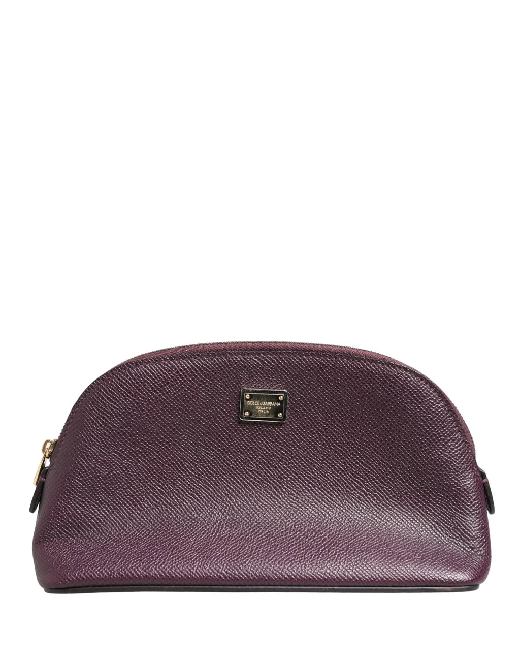 Pochette cosmétique dolce & gabbana en cuir violet texturé avec fermeture éclair dorée et plaque signature dg