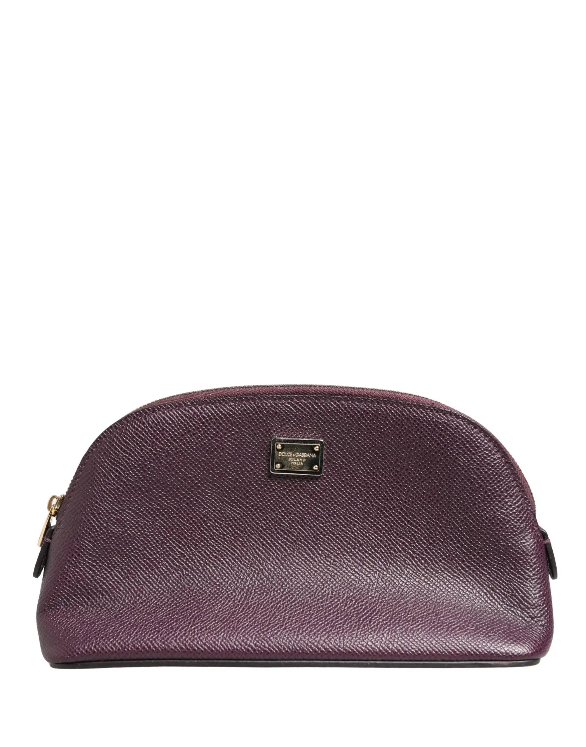 Petite trousse cosmétique dolce & gabbana en cuir violet texturé avec fermeture éclair dorée et plaque logo dg
