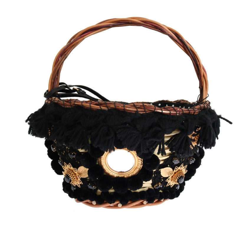 Sac Dolce & Gabbana Agnese en paille beige avec pompons en cristal et détails en peau de serpent.