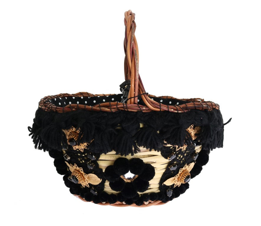 Sac Dolce & Gabbana Agnese en paille beige avec pompons en serpentins, cristaux et détails élégants.