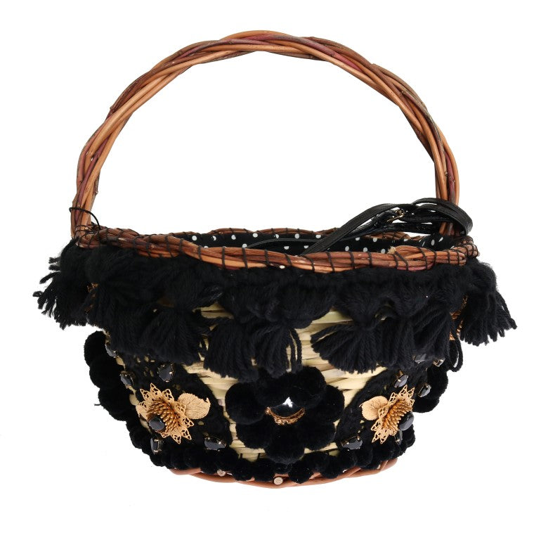 Sac Dolce & Gabbana Agnese en paille beige avec pompons en cristal et détails en serpentins en peau de serpent.
