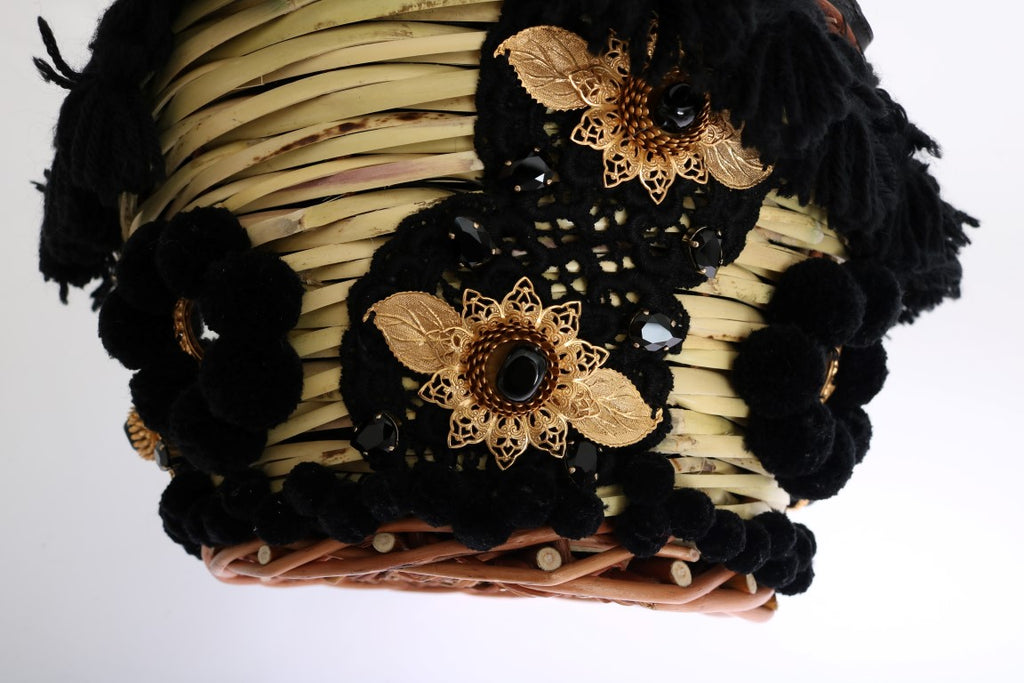 Sac Dolce & Gabbana beige en paille avec pompons en cristal et détails en peau de serpent, modèle Agnese.
