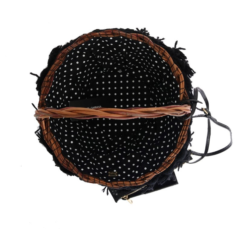 Sac Dolce & Gabbana Agnese en paille beige avec pompons en cristal et détails en peau de serpent.