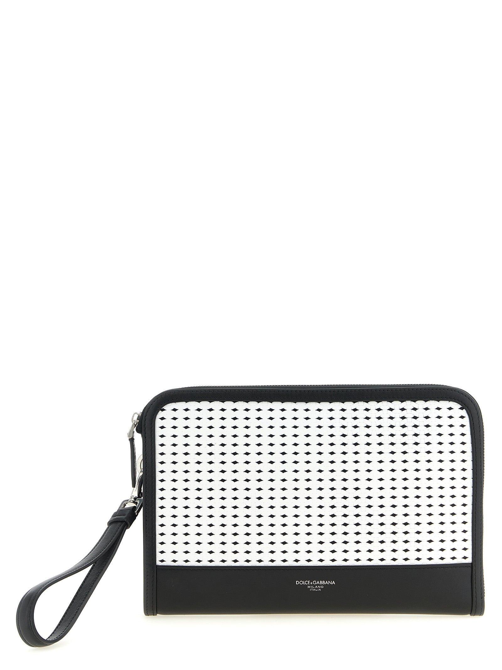 Sac clutch bicolore en cuir de veau Dolce & Gabbana, design élégant et sophistiqué, avec détails raffinés et finition soignée.