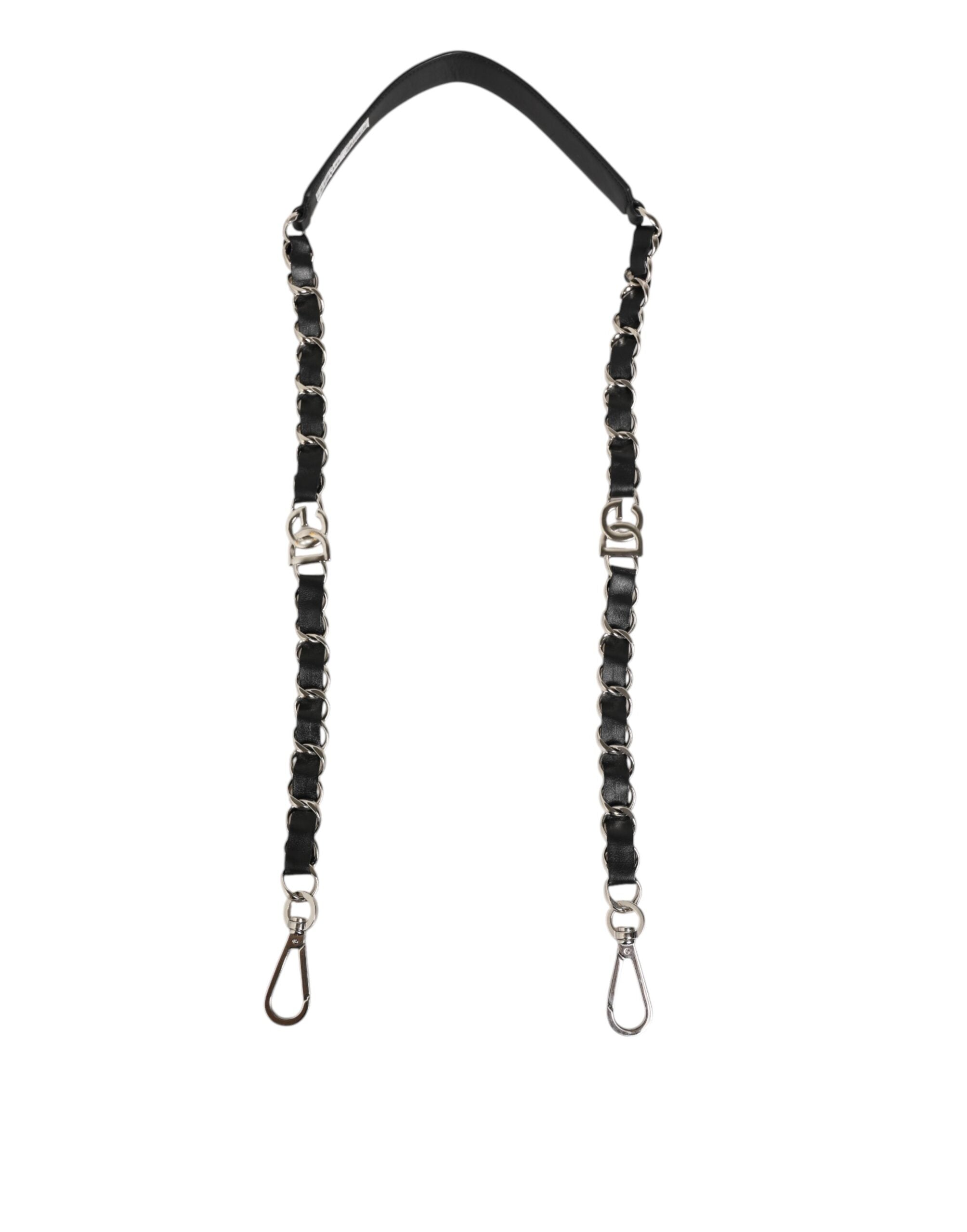 Sangle d'épaule en cuir noir avec chaîne argentée pour sac Dolce & Gabbana, accessoire tendance et élégante.