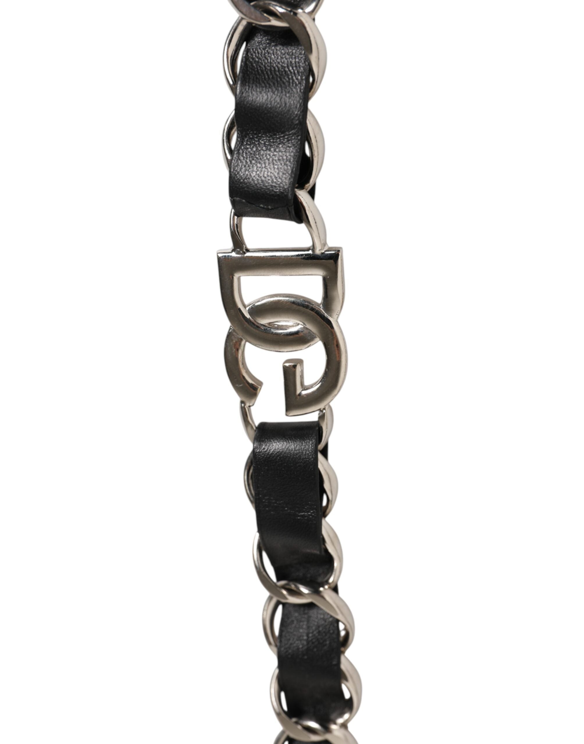 Sangle d’épaule en cuir noir et chaîne argentée pour sac Dolce & Gabbana, accessoire élégant et robuste.