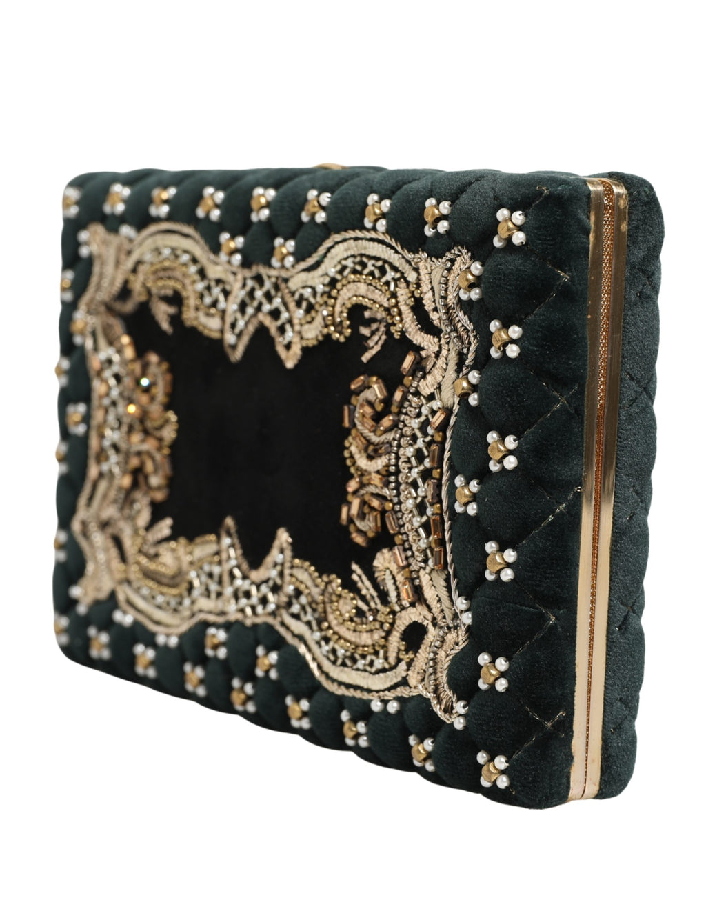 Petite pochette de soirée Dolce & Gabbana en velours noir avec cadre doré, idéale pour les occasions élégantes.