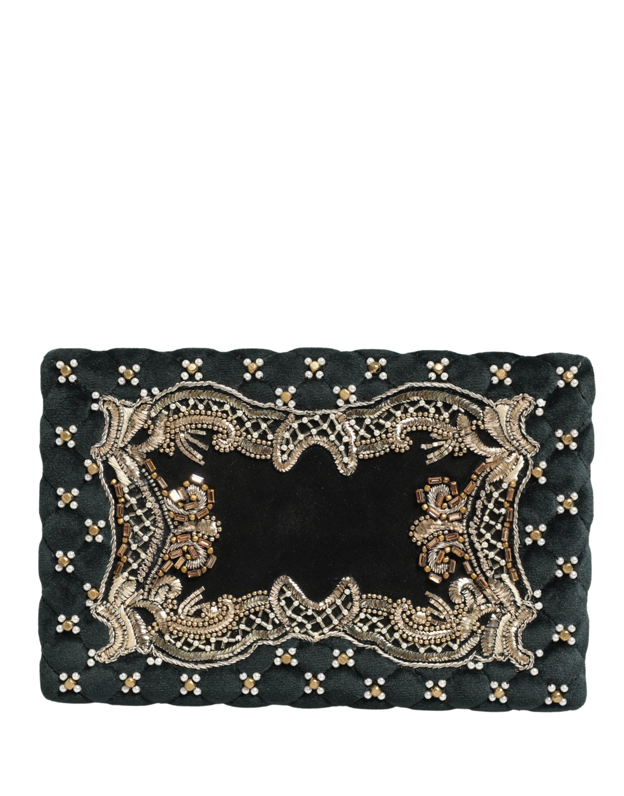Sac clutch noir en velours avec cadre or de Dolce & Gabbana, parfait pour soirée élégante, finition luxueuse.