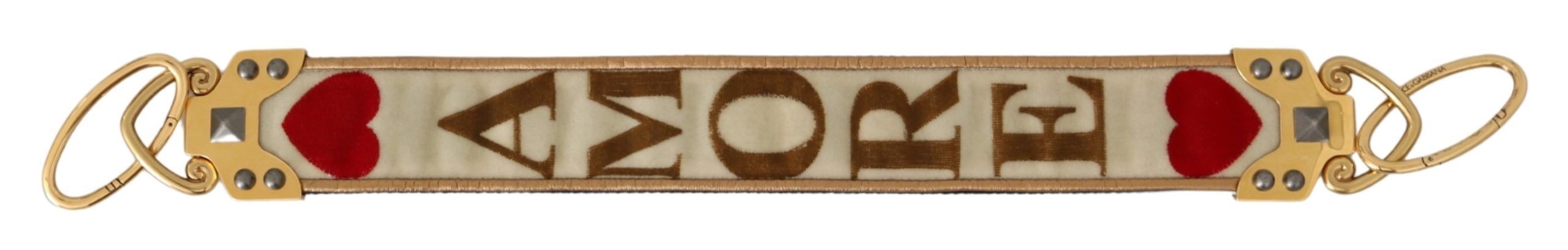 Sangle d'épaule amovible Dolce & Gabbana AMORE en textile blanc et cuir doré, pour sac à main élégant