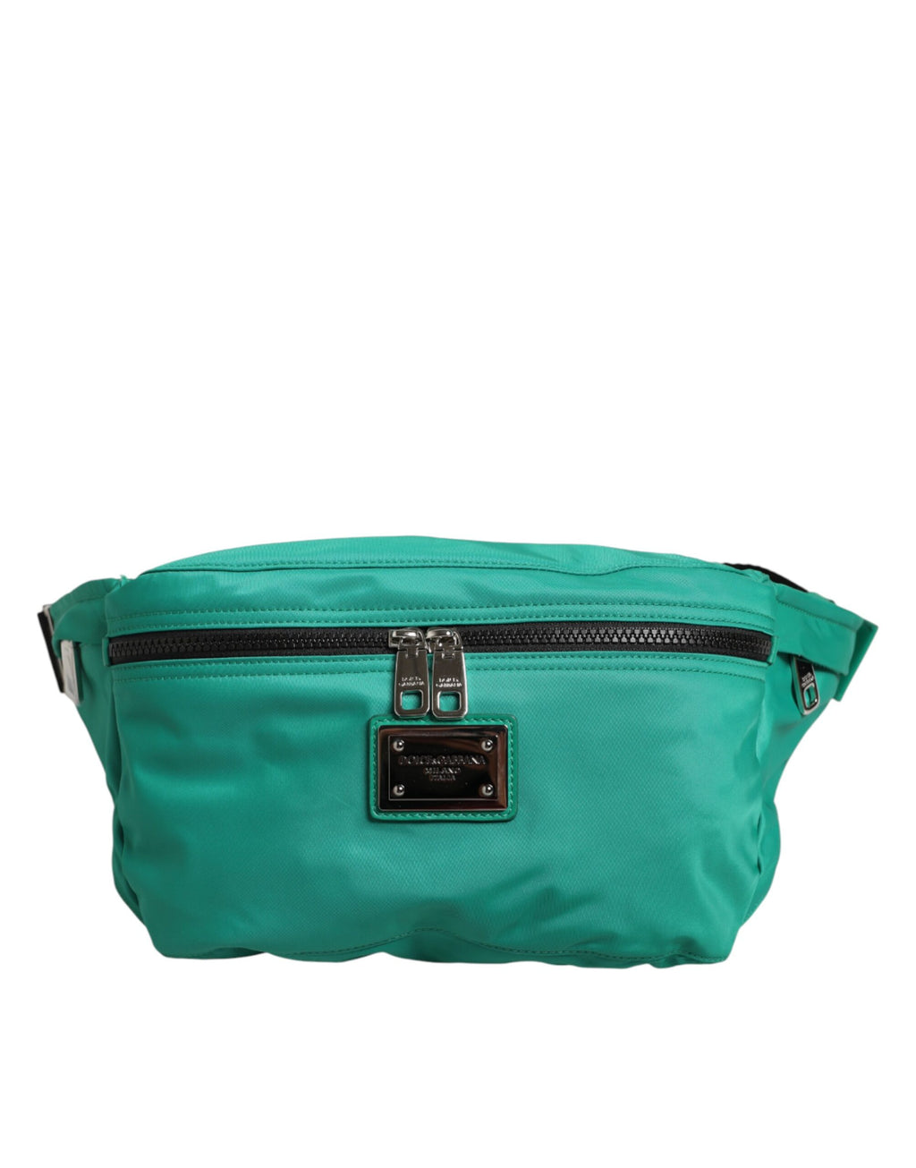 Sac banane en nylon vert avec plaque logo Dolce & Gabbana, accessoire pour homme, style pratique et élégant.