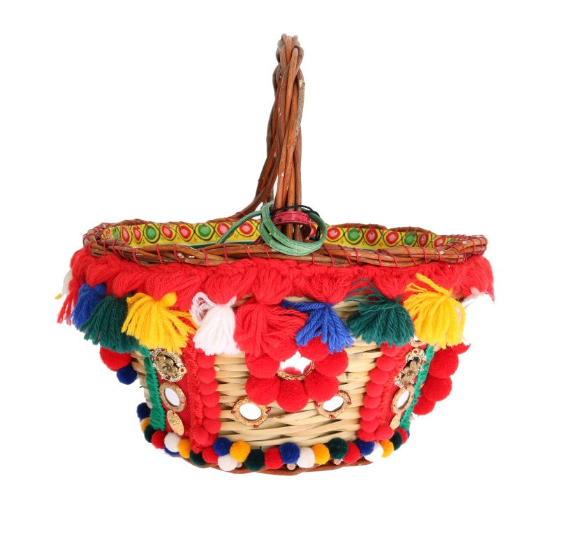 Sac à main Dolce & Gabbana Agnese en paille multicolore avec pompons en cristal, design élégant et coloré.