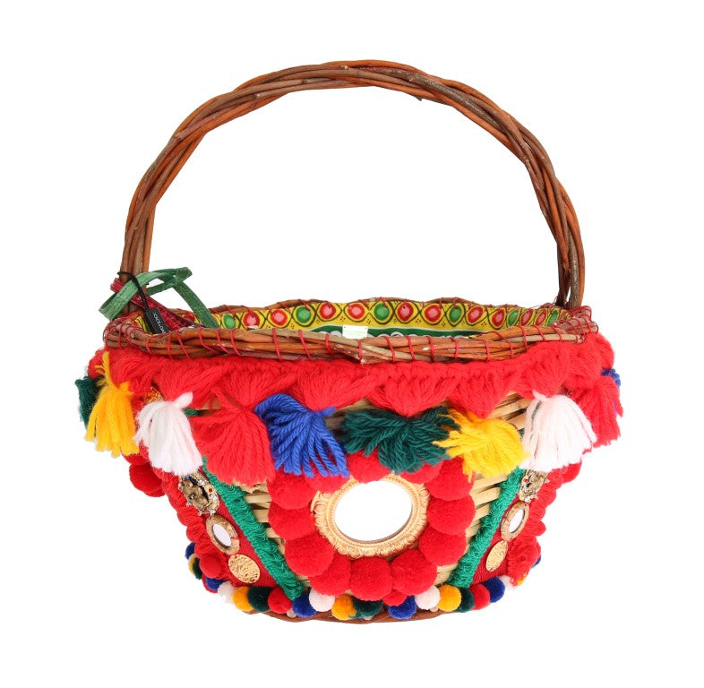 Sac à main Dolce & Gabbana Agnese en paille multicolore avec pompons en cristal, élégant et coloré.