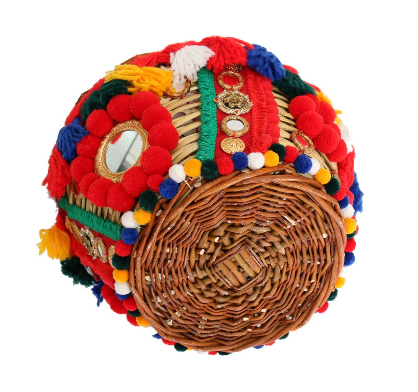 Sac à main Dolce & Gabbana Agnese en paille multicolore avec pompons en cristal, détails élégants et colorés.