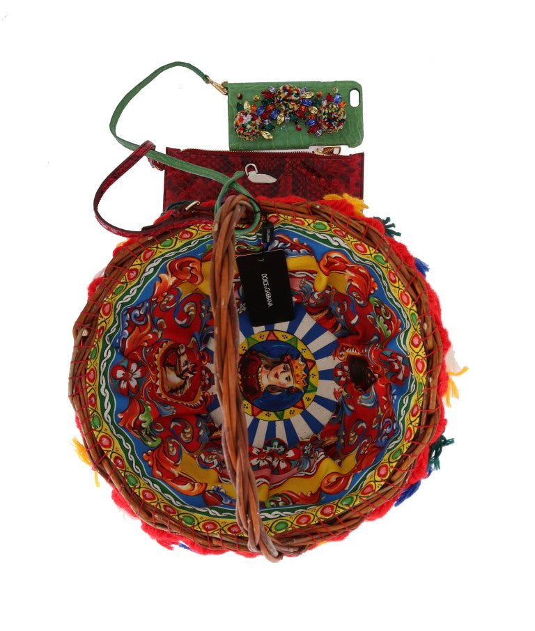Sac Dolce & Gabbana Agnese en paille multicolore avec pompons en cristal, élégant et coloré pour accessoriser.