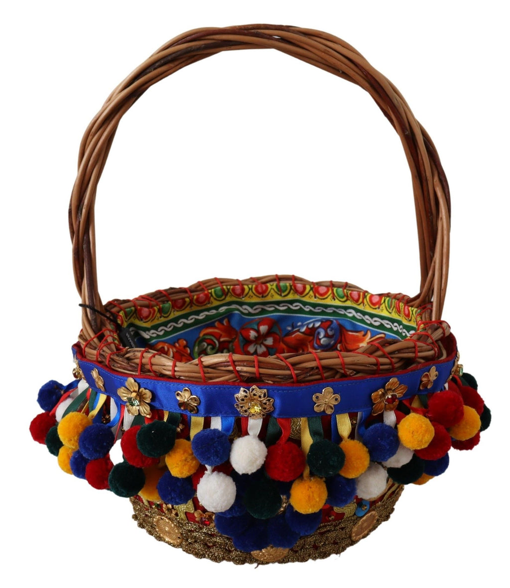 Sac tote Dolce & Gabbana Agnese en coton multicolore avec embellissements, vue de face avec détails colorés et structure en osier.