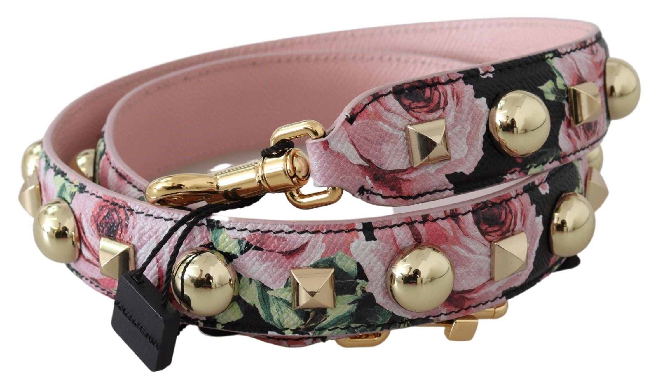 Sangle d'épaule pour sac Dolce & Gabbana avec fleurs roses, détails en or, accessoire élégant pour sac à main.