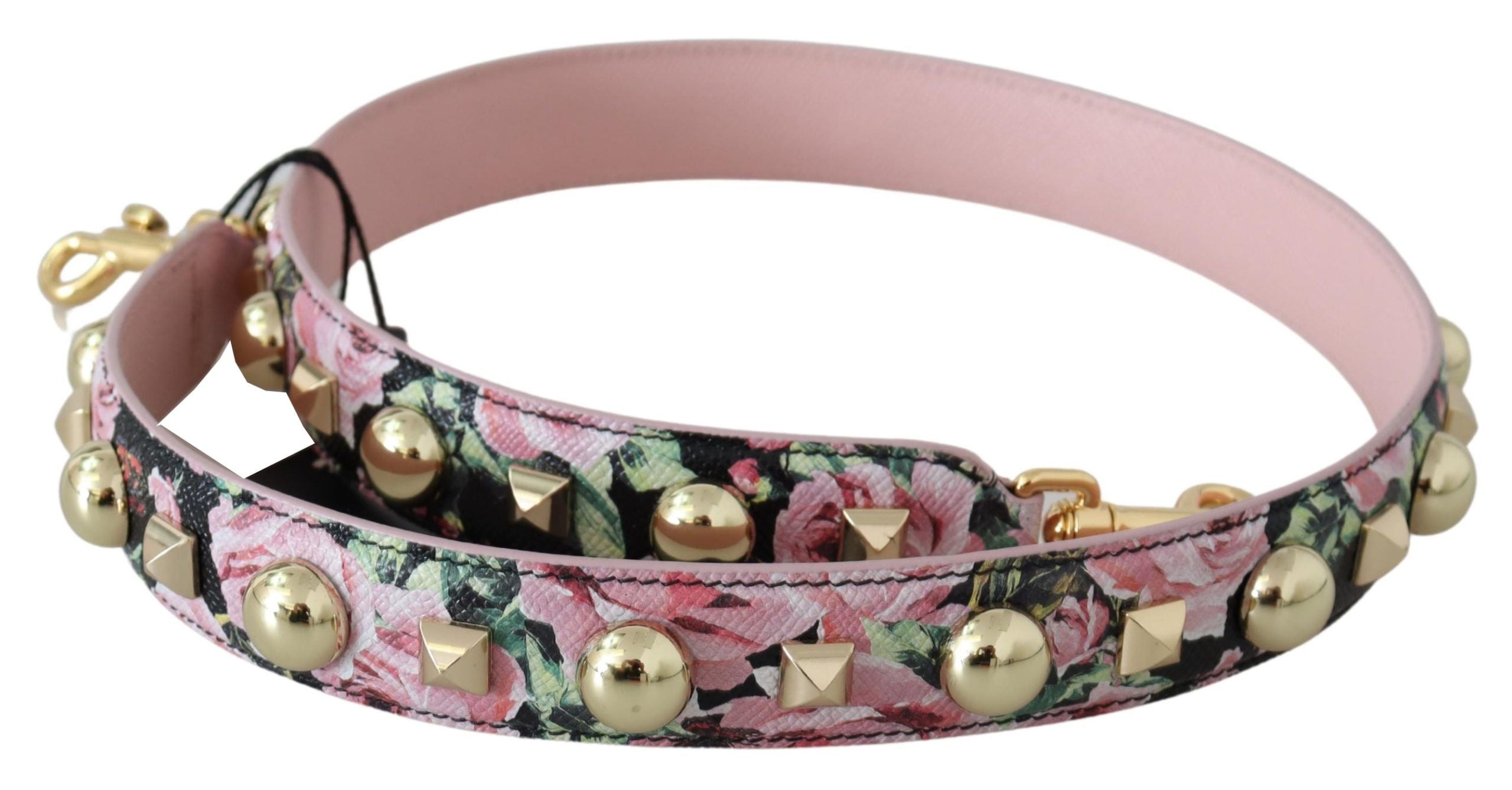 Sangle d'épaule pour sac Dolce & Gabbana rose à fleurs avec détails en or, accessoire élégant pour sac à main.