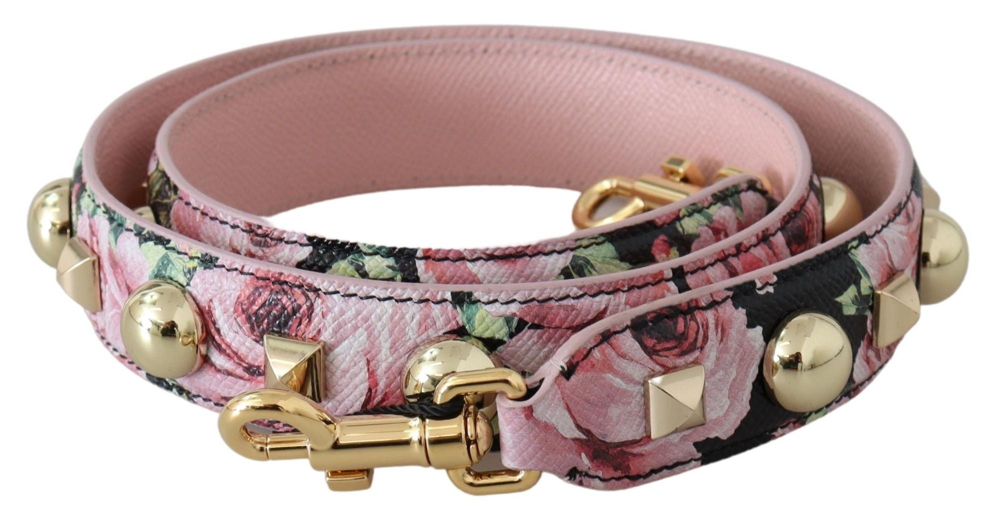 Sangle d'épaule en or avec motifs floraux roses pour sac Dolce & Gabbana, accessoire élégant et orné de perles.