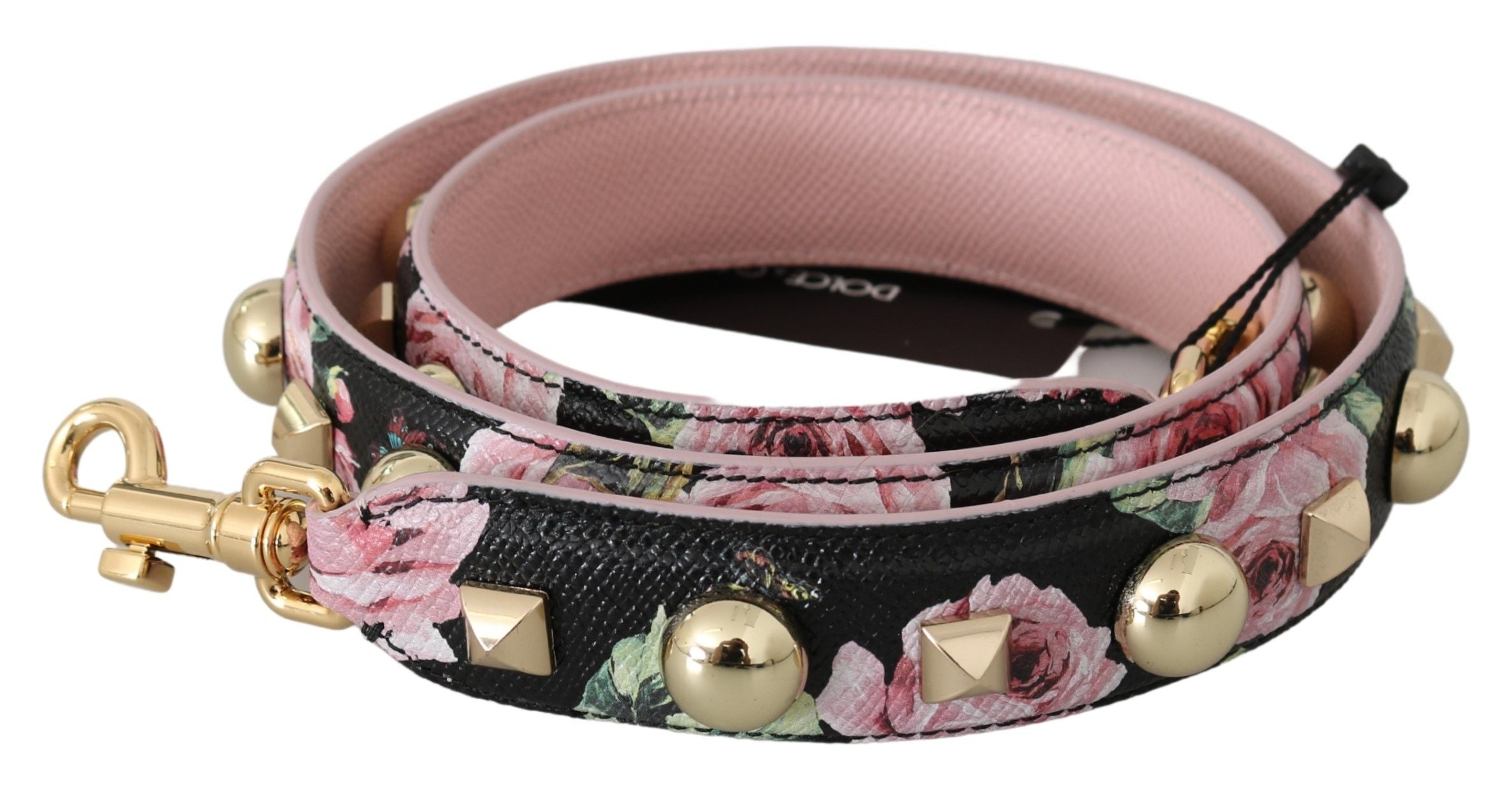 Sangle en cuir rose à fleurs Dolce & Gabbana avec clous, accessoire pour sac à main.