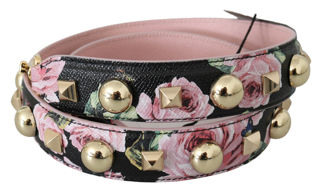 Sangle d'épaule en cuir rose avec fleurs et clous Dolce & Gabbana, accessoire de mode élégant et coloré.