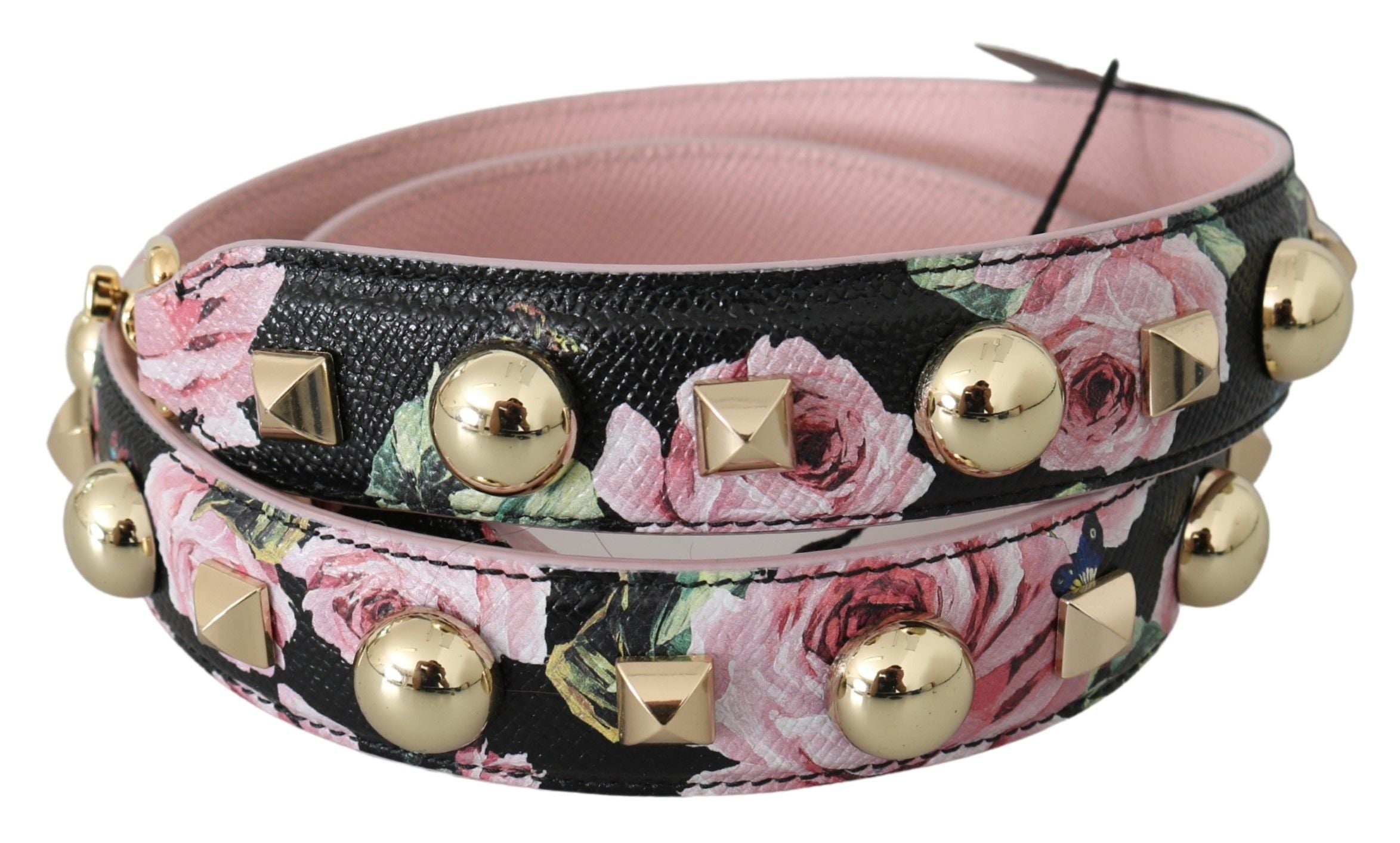 Sangle d'épaule en cuir rose avec fleurs et clous Dolce & Gabbana, accessoire de mode élégant et coloré.