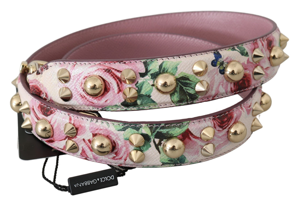 Sangle d'épaule en cuir rose à fleurs avec clous, accessoire de luxe Dolce & Gabbana pour sac à main.