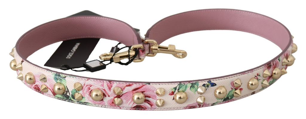 Sangle d’épaule en cuir rose à motifs floraux et clous, accessoire Dolce & Gabbana pour sac à main.