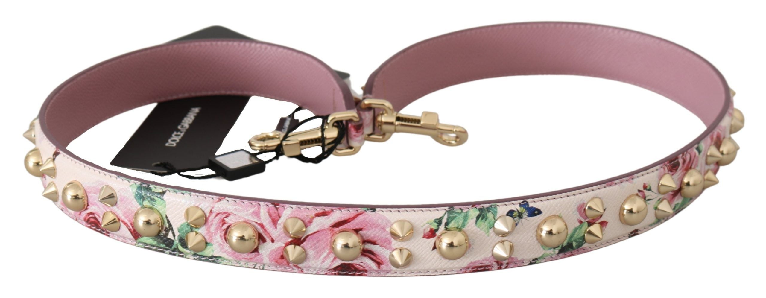 Sangle d’épaule en cuir rose à motifs floraux et clous, accessoire Dolce & Gabbana pour sac à main.