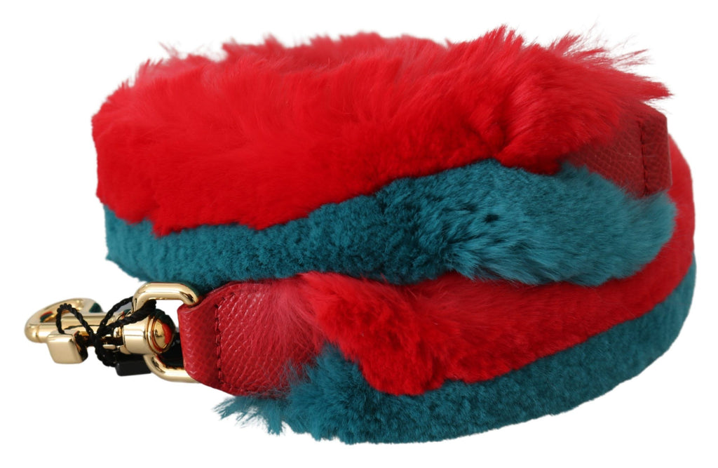 Sangle d'épaule en cuir et fourrure de lapin rouge et bleu de Dolce & Gabbana, design élégant pour sac à main.