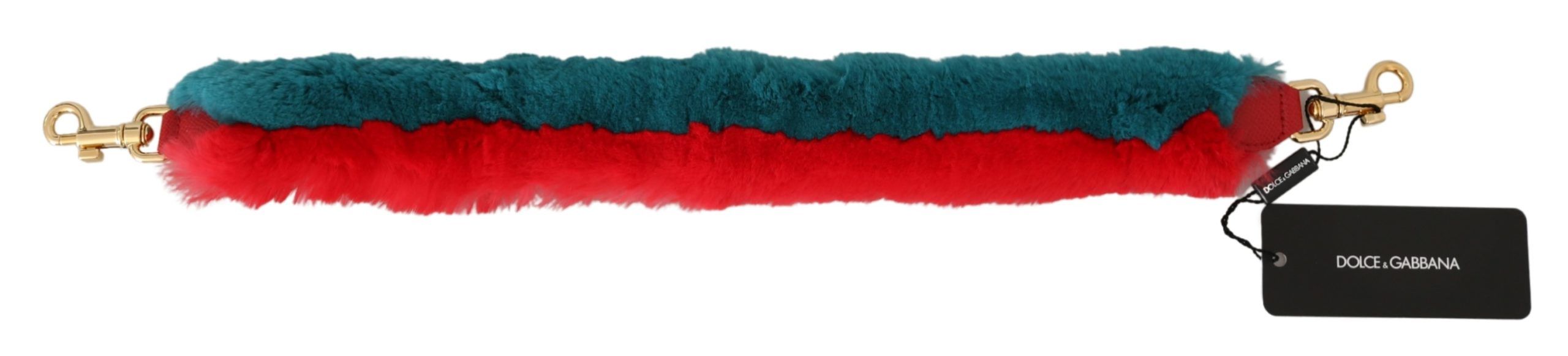 Sangle d'épaule en cuir et fourrure de lapin rouge et bleu de Dolce & Gabbana, avec détails élégants et finition raffinée.