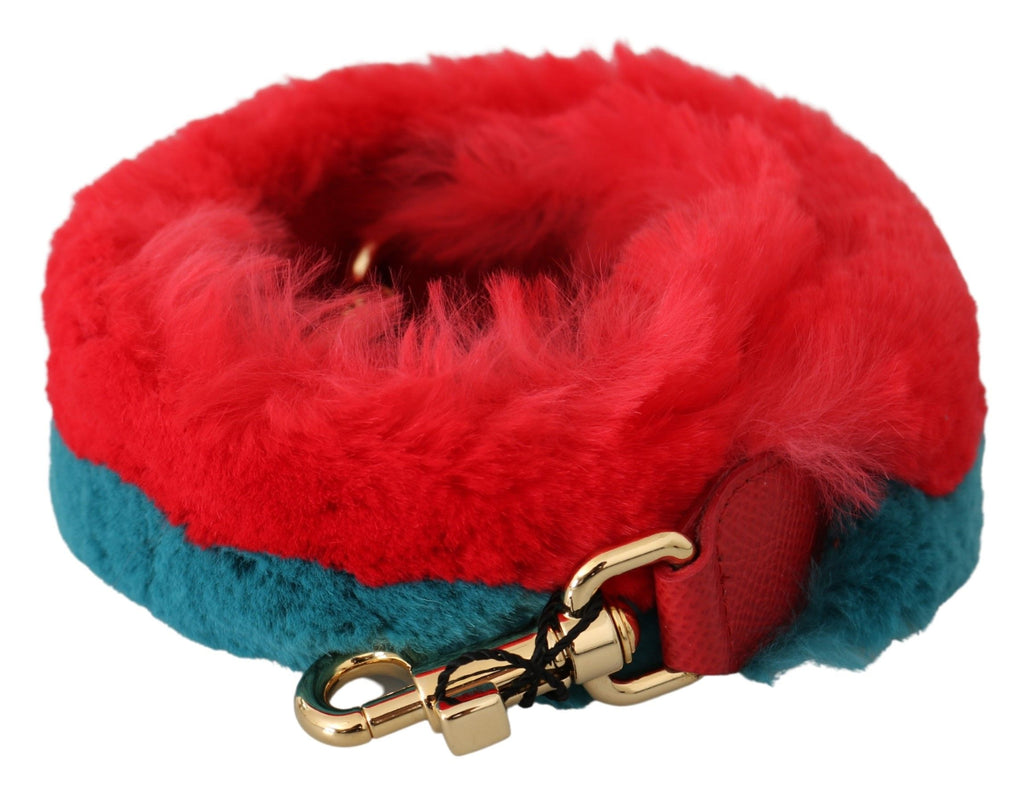 Sangle d’épaule en fourrure de lapin rouge et bleue de Dolce & Gabbana, en cuir avec détails élégants.