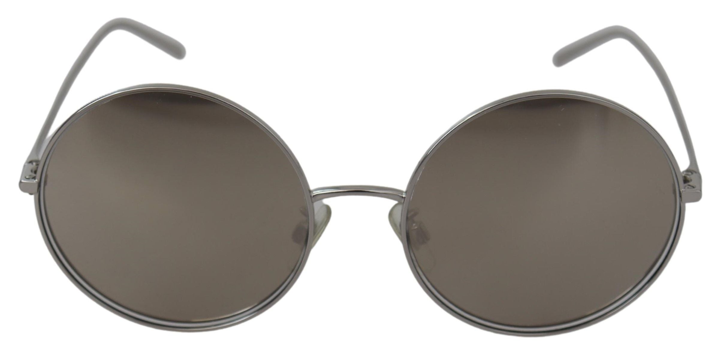 Lunettes de soleil rondes pour femmes Dolce & Gabbana en argenté avec verres gris, style élégant et moderne.