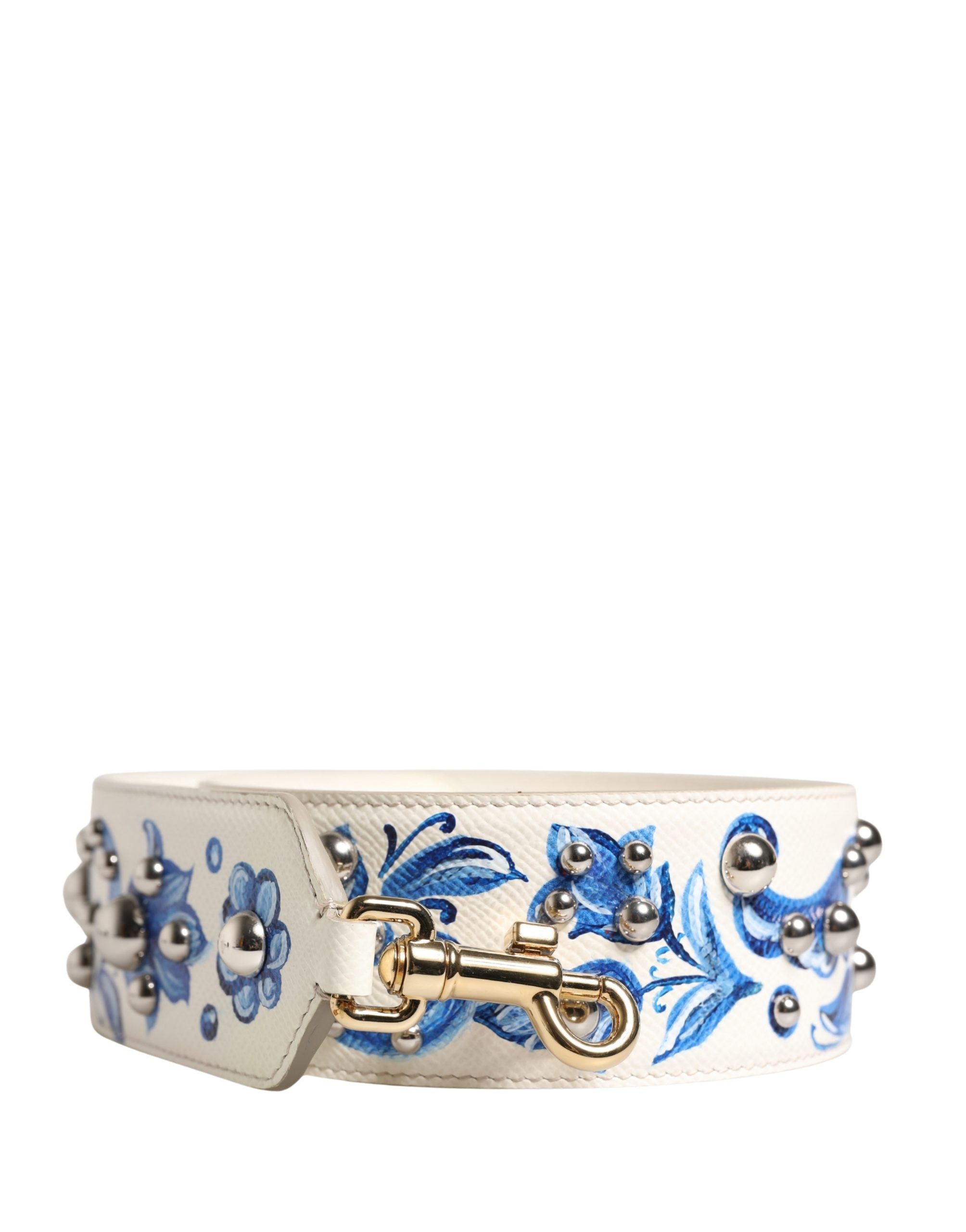Sangle en cuir blanc et bleu à fleurs avec studs Dolce & Gabbana pour accessoire de sac à main.