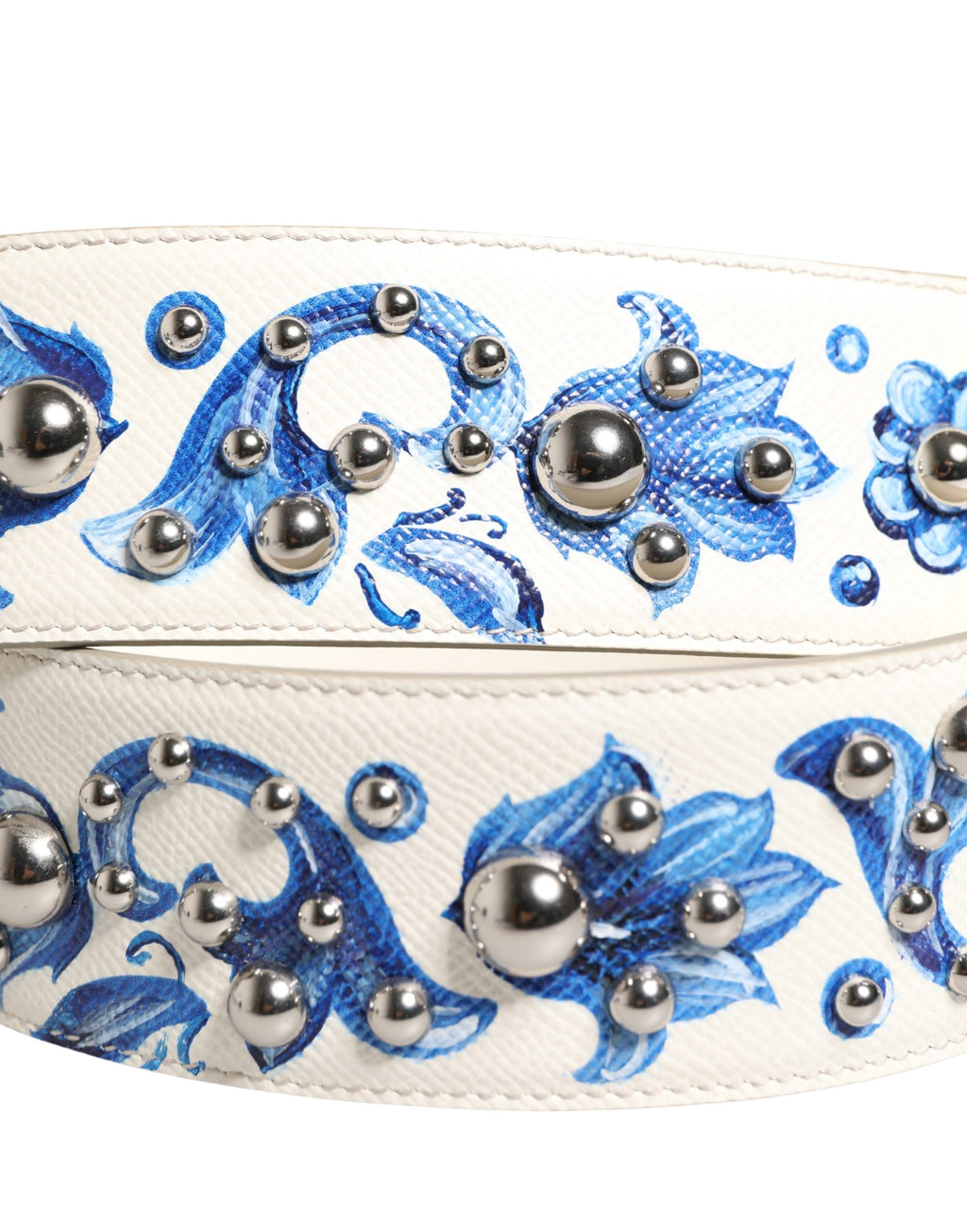 Sangle d'accessoire en cuir blanc et bleu à fleurs avec clous, pour sac Dolce & Gabbana, style élégant et sophistiqué