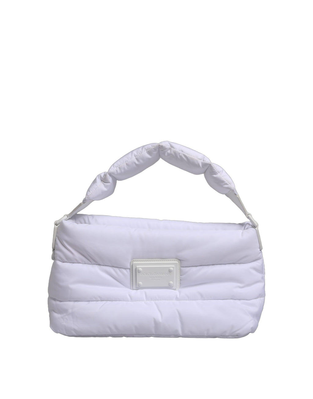 Sac à bandoulière Dolce & Gabbana blanc en polyester matelassé avec plaque logo, design élégant et moderne.