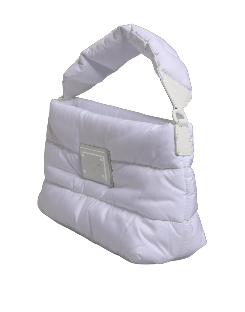 Sac à bandoulière en polyester matelassé blanc avec logo Dolce & Gabbana, plaque élégante, style chic et moderne.