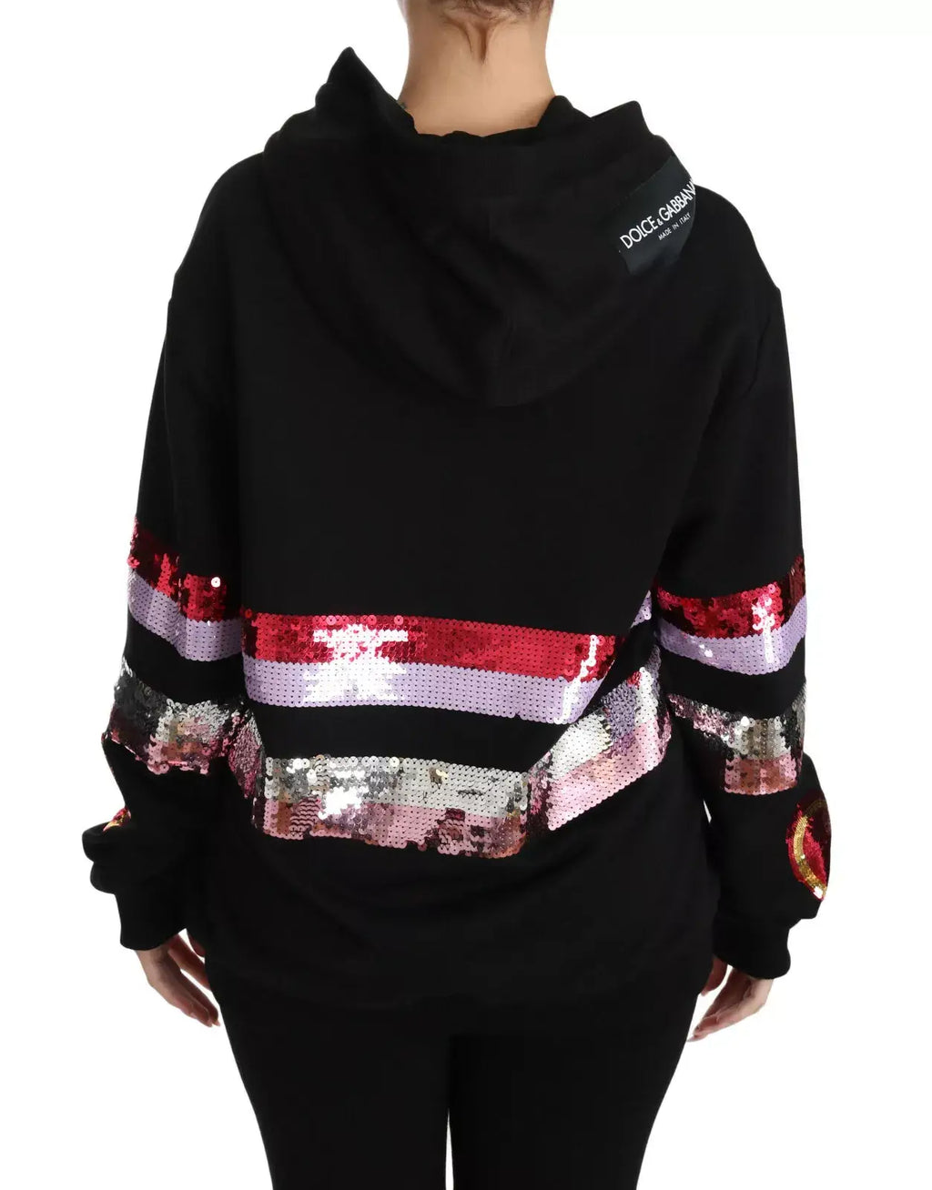 Dolce & gabbana hoodie noir avec rayures horizontales rouges argentées et roses en sequins sur le torse et manches