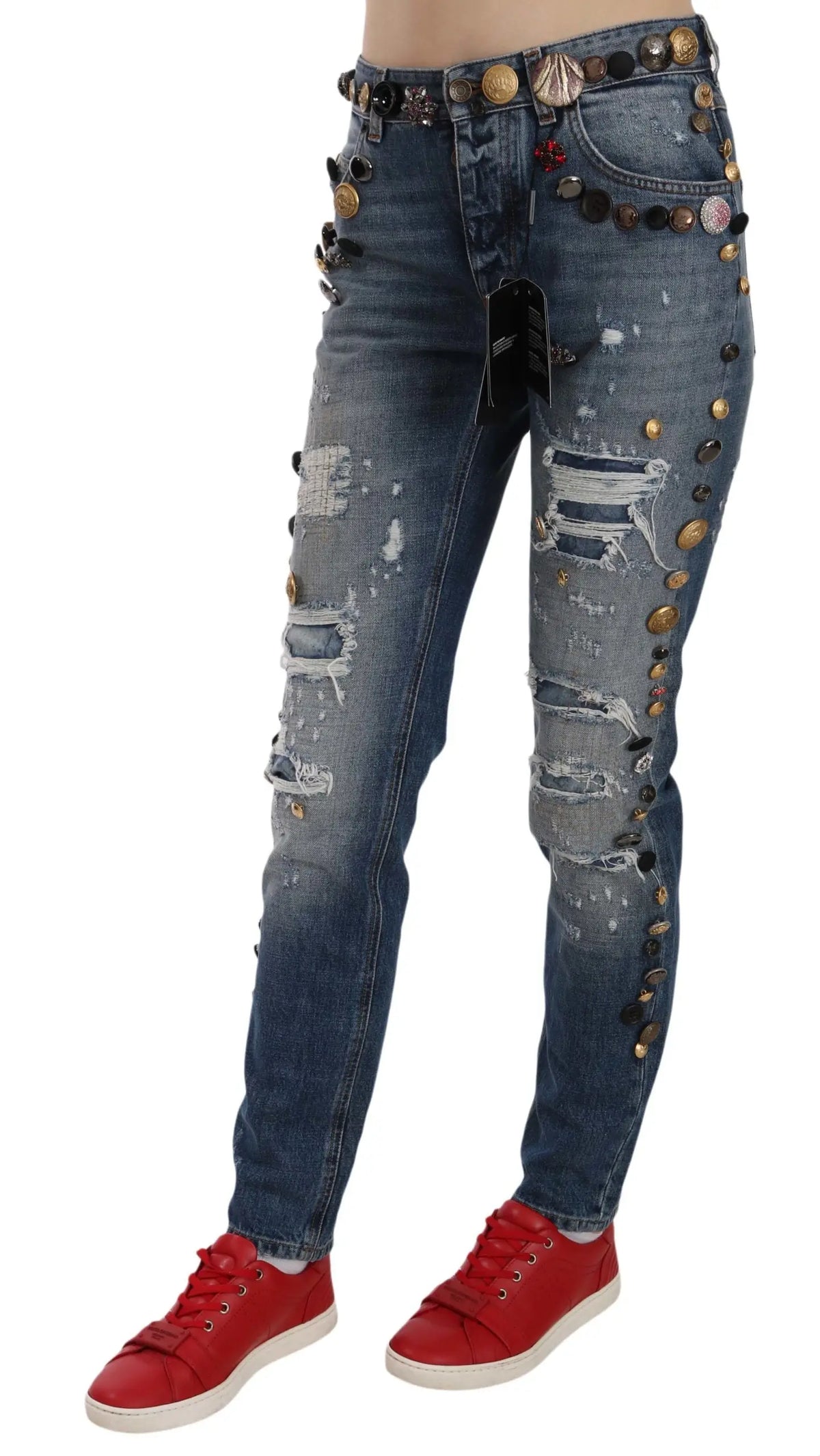 Pantalon jean en denim bleu dolce & gabbana avec boutons dorés et noirs, patchs déchirés et ceinture décorative
