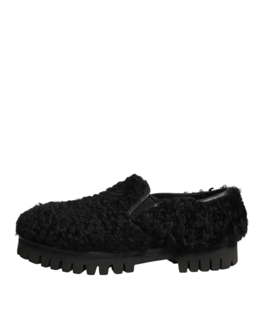 Dolce & gabbana chaussures homme slip-on en cuir noir avec fourrure et semelle épaisse texturée