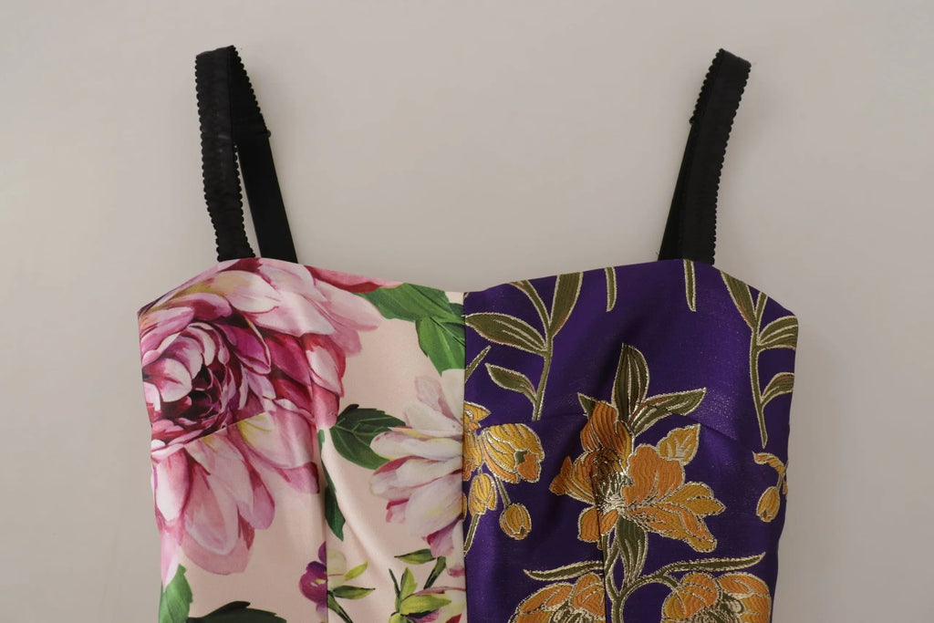Top bustier deux tons en soie jacquard floral dolce & gabbana avec roses roses et fleurs dorées brodées