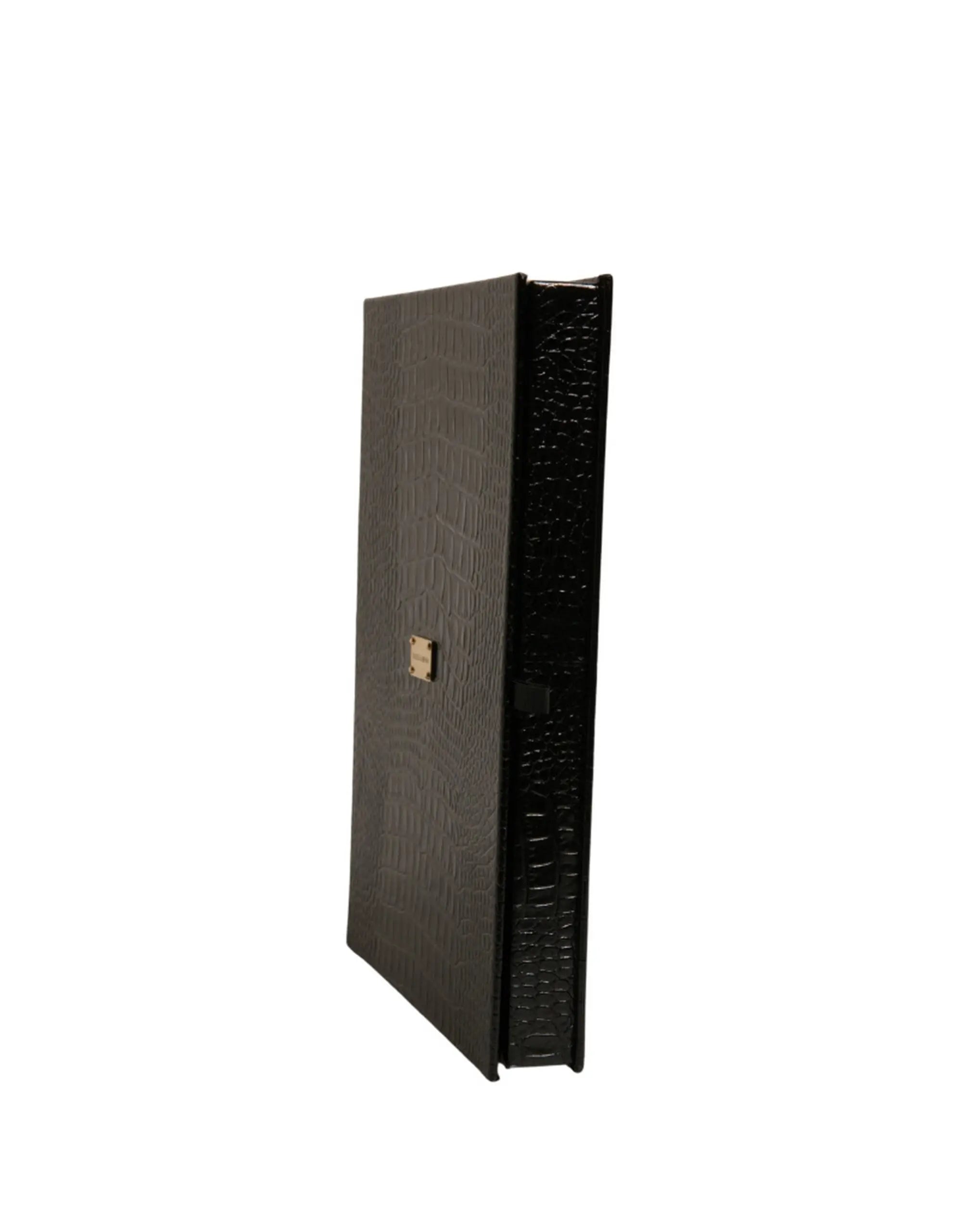 Dolce & gabbana élégant porte-catalogue en cuir noir crocodile avec fermoir rectangulaire doré