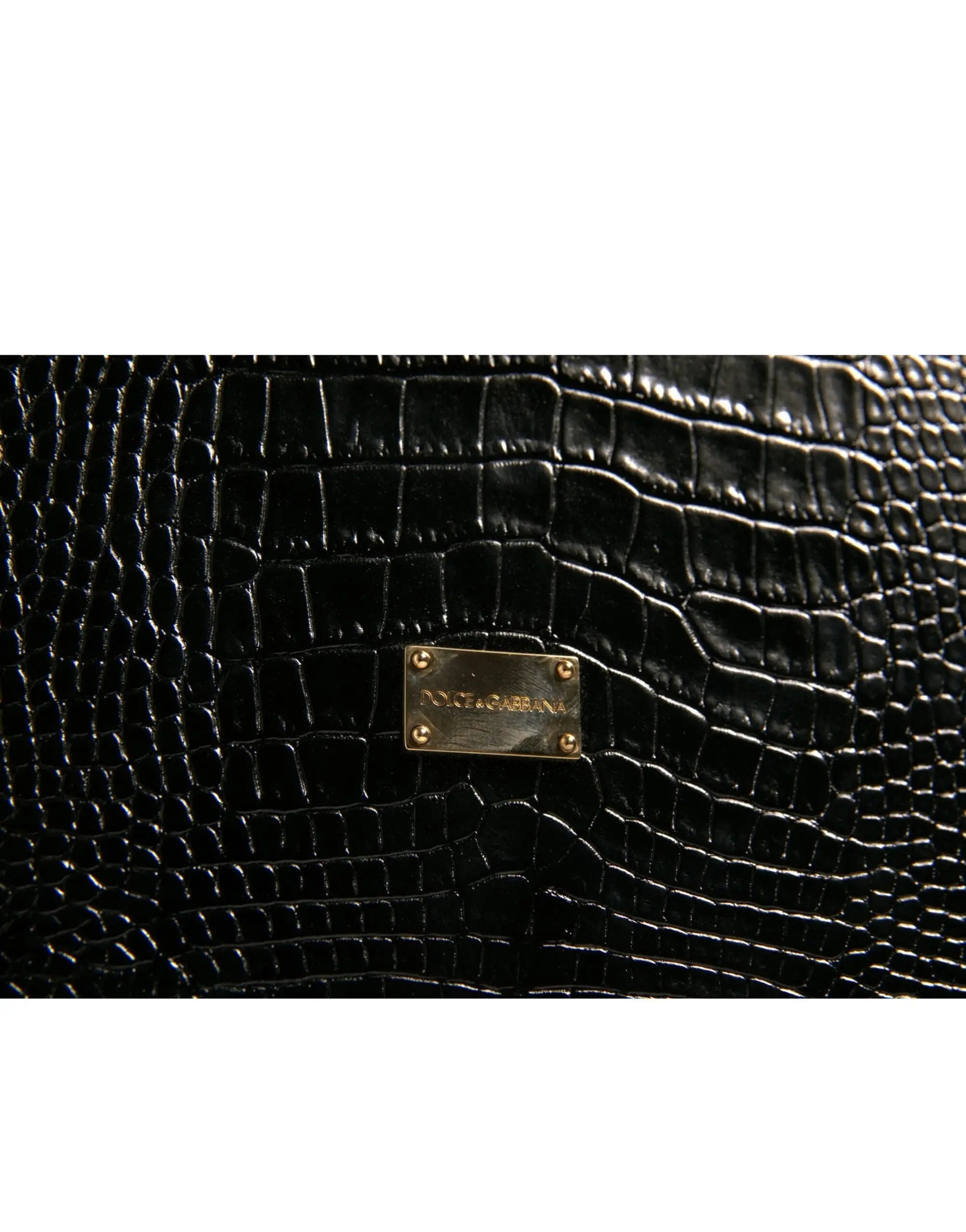 Porte-documents dolce & gabbana en cuir noir embossé croco avec plaque logo en métal doré