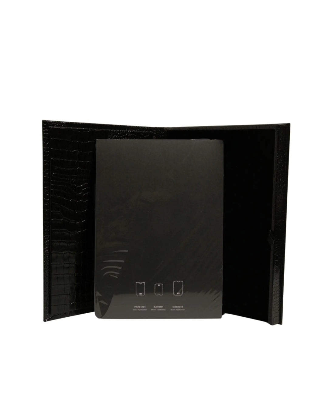 Dolce & gabbana élégant porte-cartes catalogue en cuir noir avec texture crocodile et icônes embossées subtiles