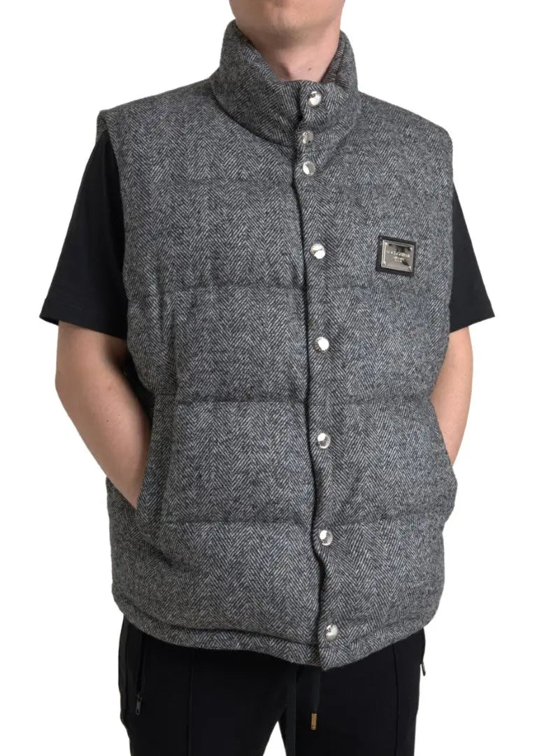 Dolce & gabbana elegant chevron knit wool blend gray puffer vest with silver buttons and branded chest patch
