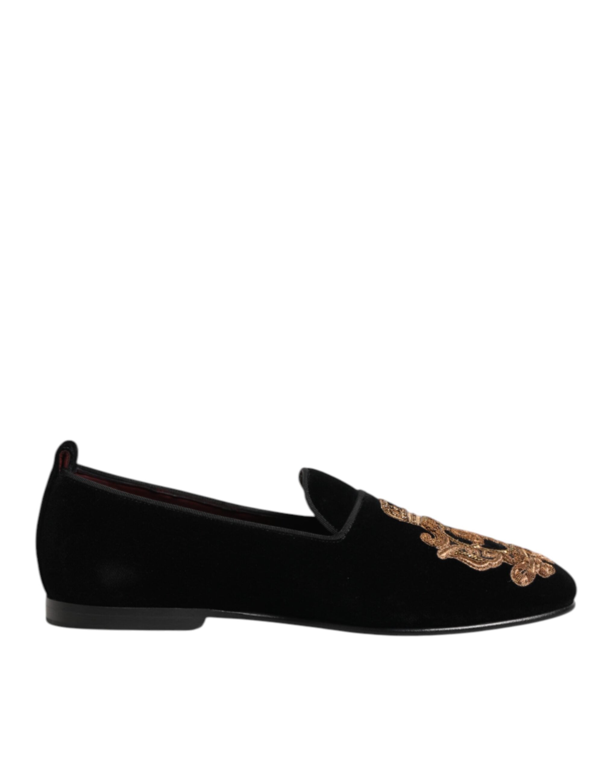 Chaussures loafers pour hommes Dolce & Gabbana en velours noir avec couronne en or, élégantes et sophistiquées.